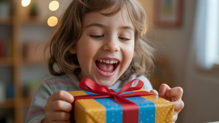 Atidžiai tikroviška vaiko džiaugsmingo veido ir rankų nuotrauka su jauduliu išverčia ryškiaspalvę, paprastą dovaną. Šilta, natūrali šviesa, perteikianti gryną malonumą.