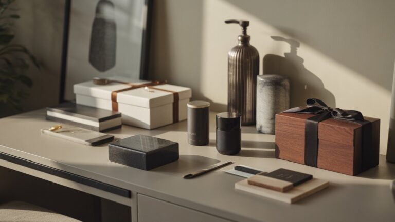 Realistiška, aukštos raiškos nuotrauka, kurioje yra kuruojamos aukščiausios kokybės kolekcijos, modernios dovanos vyrams, apgalvotai išdėstytos ant aptakaus, šiuolaikiško paviršiaus, natūralaus apšvietimo.