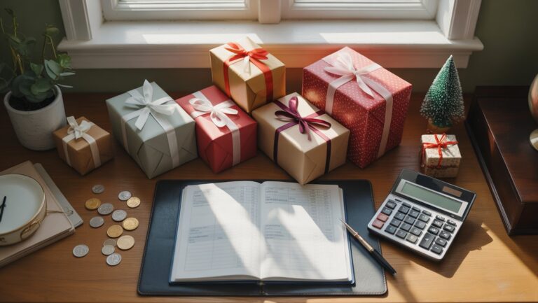 Realus viršutinio šūvio: tvarkingai organizuotos gražios apvyniotos dovanos kartu su skaičiuokle, monetomis ir atvira knyga ant medinio stalo, apšviesto minkštu lango šviesa.