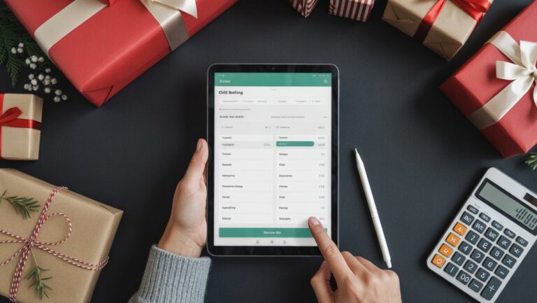 Realus studijos rankų fotografavimas, naudojant dovanų biudžeto programą planšetiniame kompiuteryje, apsuptas kelių elegantiškai suvyniotų dovanų ir skaičiuoklės, pabrėžiant organizuotą finansinį planavimą.