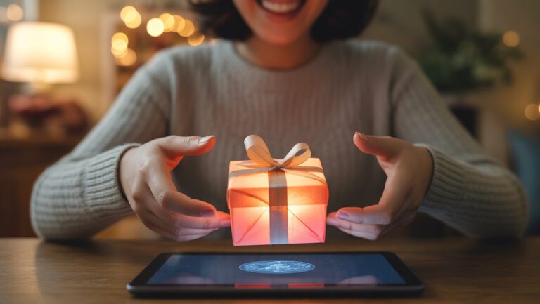 Realistiškos rankos, keičiančios žėrinčią skaitmeninę dovaną planšetinio kompiuterio ekrane, šviesa atspindi džiaugsmingą veidą, šiltą kviečiančią atmosferą.