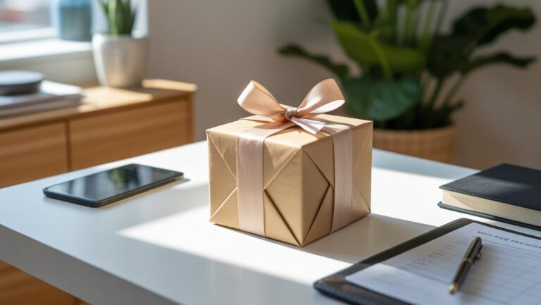 Apgalvotai suvyniota dovanų dėžutė remiasi ant švaraus, neužteršto stalo. Ryški, minkšta šviesa ją apšviečia, simbolizuodama mokesčių lengvatą ir finansinį lengvumą. Realistas.