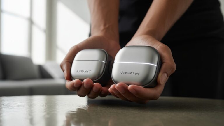 Fotorealistinis iš arti: rankos, laikančios aptakią, novatorišką 2025 metų techninės technologijos dovanos, minkšto fokusavimo fonas, moderni namų aplinka, ryški ir siekianti.