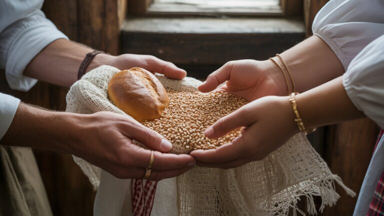 Realus iš arti: rankos, keičiančios tradicines Lietuvos vestuvių dovanas-austas linas, duona ir grūdai, maudomi šiltoje, simbolinėje šviesoje.