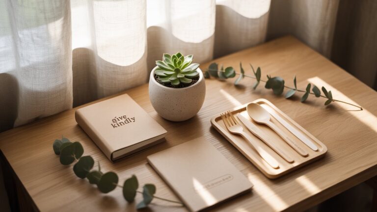 Realus elegantiškų, tvarių dovanų daiktų įvaizdis minimalistinėje, ekologiškoje pakuotėje, maudomi šiltoje, natūralioje šviesoje, simbolizuojant ateities tendencijas.