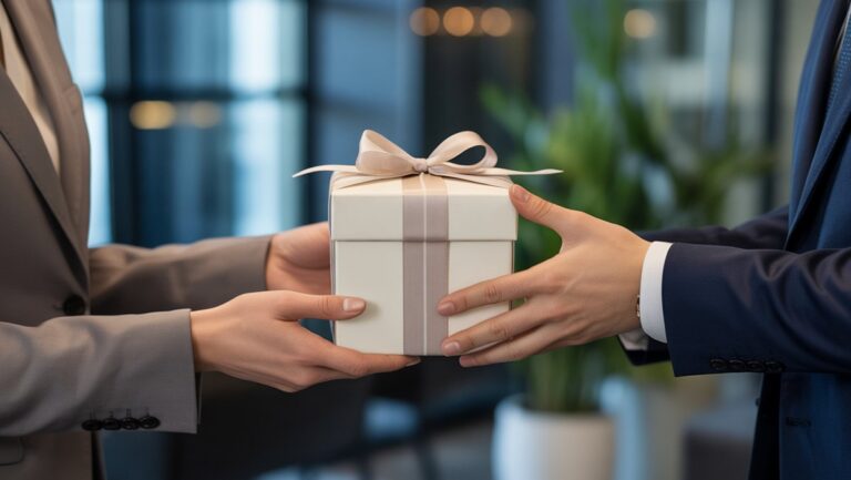 Realistiškos: profesionalios rankos grakščiai apsikeičia subtilia, elegantiška verslo dovanų dėžute modernioje, švelniai apšviestoje korporacinėje aplinkoje, pabrėžiant savo nuožiūra.