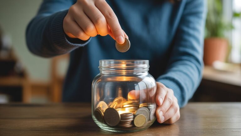 Realistiška rankų nuotrauka, švelniai nuleidžiant monetas į skaidrų, iš dalies užpildytą stiklinį indelį, apšviestą minkšta, šilta šviesa, simbolizuojanti stabilią dovanų taupymą ištisus metus.