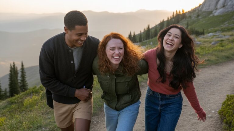 Realus vaizdas: įvairūs draugai, dalijantis juoku vaizdingu kalnų taku „Auksinės valandos“ metu, užfiksuodami džiaugsmingą ryšį ir įsimintiną patirtį.