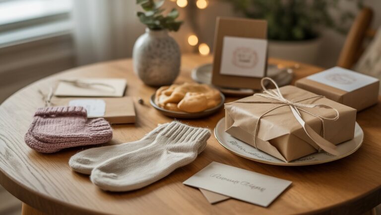 Realus įvairių, apgalvotų rankų darbo mažų dovanų, tokių kaip megztos kojinės, kepiniai ir individualizuotos kortelės ant šilto medinio stalo, švelni natūrali šviesa, jauki atmosfera.