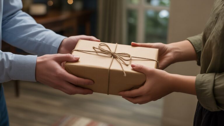 Realus įvaizdis: tvarkingai suvyniota dovana, kuria apsikeitė rankomis, su subtilia recipiento kūno kalba ir veido išraiška perteikia aiškų diskomfortą ir nerimą. Įtempta atmosfera.