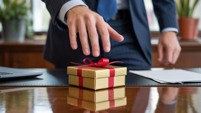 Realistiškas iš arti: verslo profesionalo ranka nepatogiai svyruoja virš atidarytos, netinkamos dovanų dėžutės ant poliruoto įmonės stalo, minkšto biuro apšvietimo.