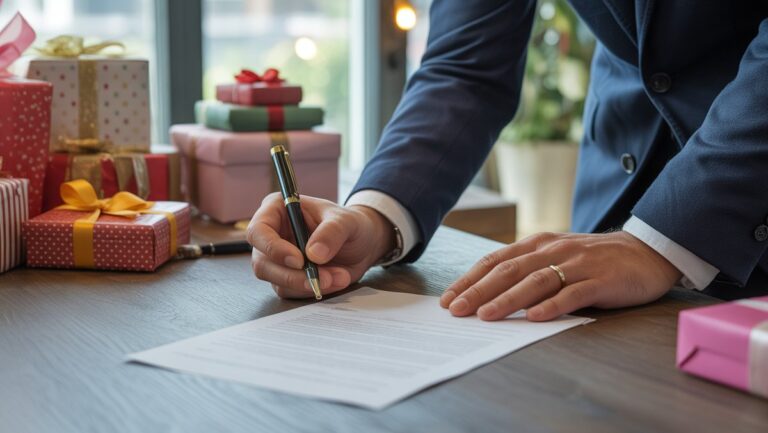 Realus verslininko rankų iš arti, pasirašiusi teisines formas ant modernaus stalo, apsuptas ryškios, įvairios dovanų pakuotės. Ryški, viltinga šviesa.