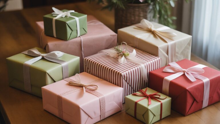 Realus gražiai apvyniotų dovanų dėžučių iš arti iš arti, kai kurios klasikinės šventinės spalvos, o kitos-minkštos pavasario pastelės, elegantiškai išdėstytos ant šilto, kviečiančio medinio stalo.