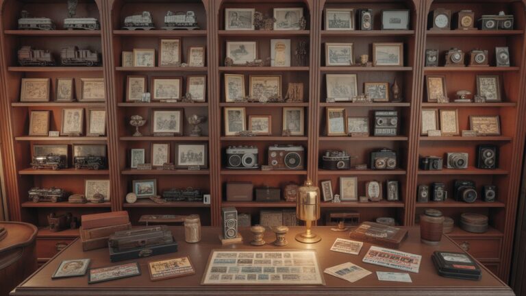 „Vintage Collector's Den“ su antikvariniais antspaudais, retomis monetomis, modeliais traukiniais, senovinių kameromis ir beisbolo kortomis, rodomomis raudonmedžio lentynose, šiltą gintaro apšvietimą, fotorealistinės muziejaus kokybės detales.