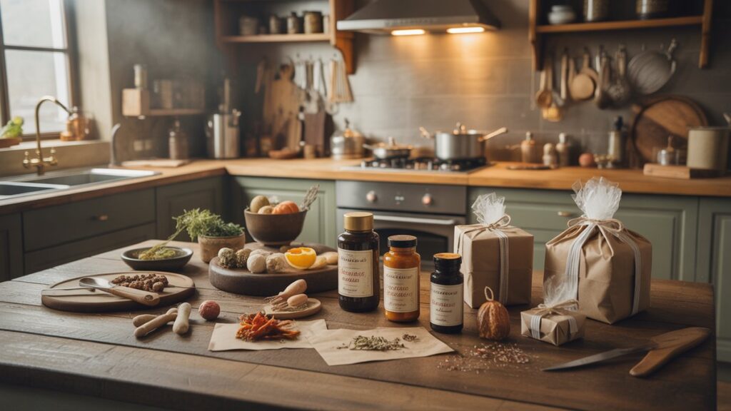 Profesionalaus virėjo virtuvės scena su amatininkų ingredientais, egzotiškais prieskoniais, virimo indais ir suvyniotomis gurmanų dovanomis, elegantiškai išdėstytomis ant kaimiško medinio stalviršio, šilto auksinio apšvietimo, fotorealistinės kulinarinės fotografijos.