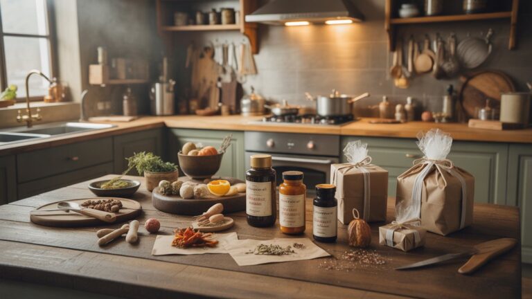 Profesionalaus virėjo virtuvės scena su amatininkų ingredientais, egzotiškais prieskoniais, virimo indais ir suvyniotomis gurmanų dovanomis, elegantiškai išdėstytomis ant kaimiško medinio stalviršio, šilto auksinio apšvietimo, fotorealistinės kulinarinės fotografijos.