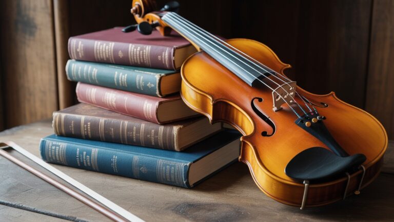 Realus natiurmortas: klasikinių knygų krūva, senovinis smuikas ir subtiliai apvyniota dovana ant kaimiško medinio stalo, švelniai apšviesto, iššaukiančio kultūros paveldą.