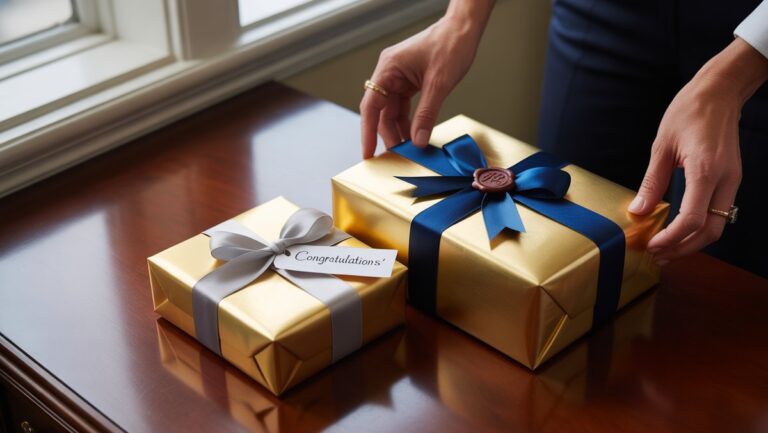 Realistiškos, profesionalios rankos, bendraujančios su dviem elegantiškai suvyniotomis, skirtingomis verslo dovanomis ant aptakaus biuro stalo, pabrėžiant apgalvotą etiketą.