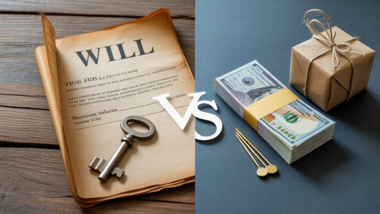 Realistiška scena: šalia jos esančios senos, atšiaurios valios su sunkiu raktu, kontrastuojama su tvarkinga grynųjų pinigų krūva ir apvyniota dovana, reiškianti dovaną ir paveldėjimo mokestį.