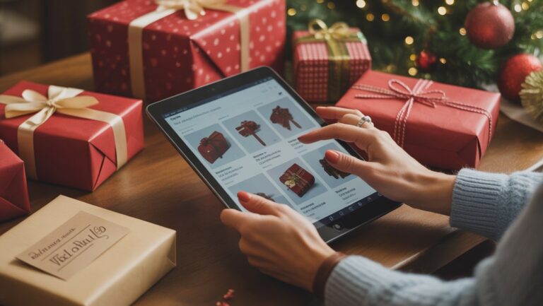 Realistiška rankų nuotrauka greitai naršo planšetinį kompiuterį paskutinės minutės dovanoms, apsuptos elegantiškai apvyniotų dovanų ir netoliese esančio greito pristatymo paketo.