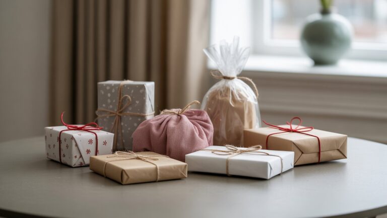Realistiška nuotrauka: Maža, įvairi nepanaudotų ar bendrų dovanų daiktų kolekcija, kai kurie vis dar suvynioti, ant švaraus, paprasto stalo, minkštos dienos šviesos.