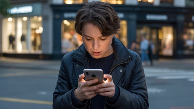 Realistiška nuotrauka: Žmogus, skubiai slinkdamas į išmanųjį telefoną vėlai vakare, tamsios uždaros parduotuvių fone, ieškodamas avarinės dovanos.