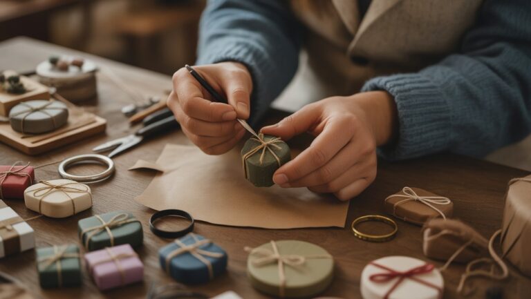 Rankų iš arti iš arti kaupiamos unikalios rankų darbo dovanos, apsupta kurtos įvairios, dailiai išdėstytų originalių dovanų kolekcijos. Realistas.