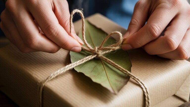 Realus rankų, kūrybiškai surišančių natūralių virvių aplink dovaną, apvyniotą į pakartotinai rudą popierių, iš arti, puošta džiovintu lapu. Šilta, švelni šviesa.