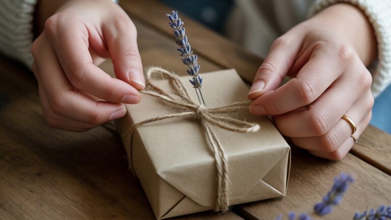 Realus subtilių rankas, apgalvotai apvyniojančias nedidelę dovanų dėžutę su natūralia virve ir džiovintų levandų, minkšto fokusavimo fonu.