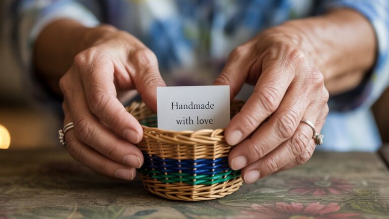 Šilta, kviečianti iš arti iš arti apvyniojant unikalią, gražiai rankų darbo dovaną. Realistiška nuotrauka, seklus lauko gylis.