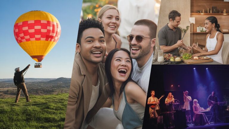 Įvairi grupė žmonių, mėgaujančių įvairiomis laisvalaikio veikla - karšto oro balionų, maisto gaminimo klasė, SPA procedūra, koncertas - išdėstyta dinamine dalijimosi ekrano kompozicija, ryškiomis spalvomis, fotorealistine, džiaugsminga atmosfera.