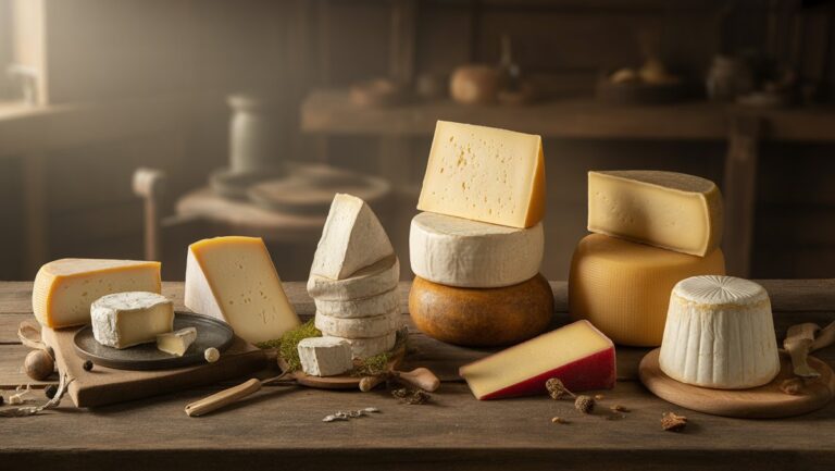 Realus įvairių lietuvių amatininkų sūrių ir šviežių pieno produktų natiurmortas ant kaimiško medinio stalo, minkštos šiltos šviesos, kviečiančios atmosferos.