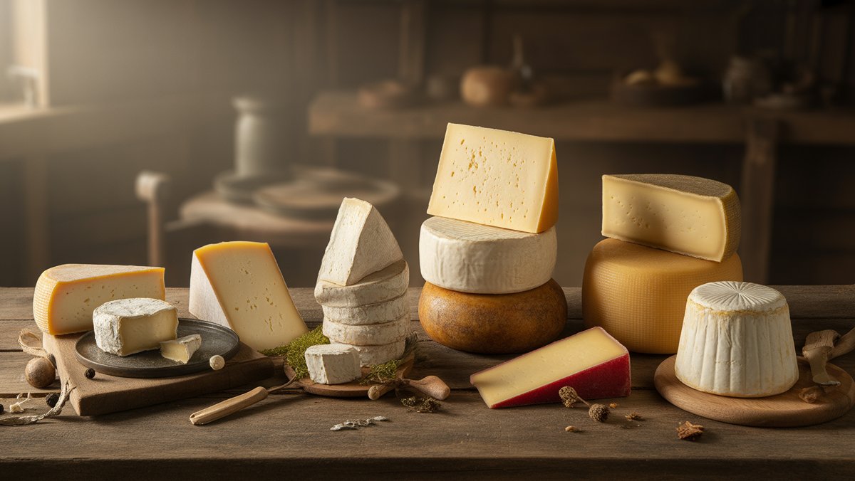 Realus įvairių lietuvių amatininkų sūrių ir šviežių pieno produktų natiurmortas ant kaimiško medinio stalo, minkštos šiltos šviesos, kviečiančios atmosferos.