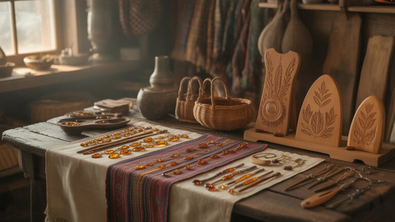 Tradicinis Lietuvos amatininkų dirbtuvės su rankomis pagamintais gintaro papuošalais, austa tekstilė ir medinis liaudies menas, eksponuojamas ant kaimiškų stalų, šilto auksinio apšvietimo, fotorealistinės, kultūros paveldo atmosferos.