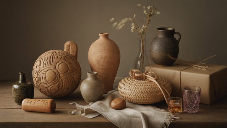 Realus natiurmortas įvairių lietuvių dovanų, apimančių laikmečius: rankomis raižyta mediena, austa linas, keramika ir moderni apvyniota pakuotė, maudoma šiltai, minkštai.