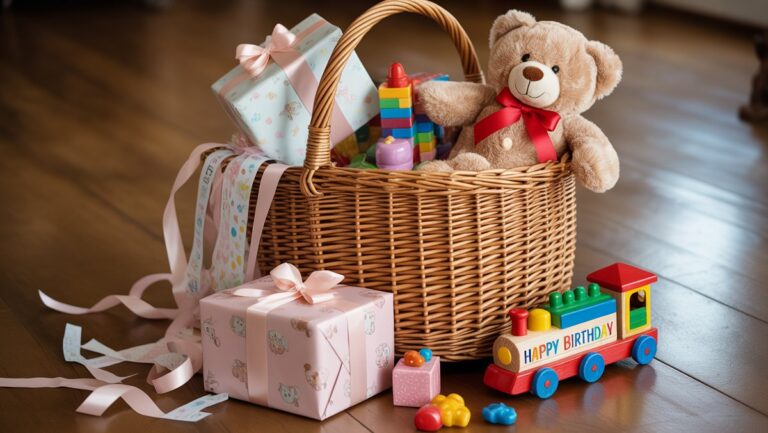 Realistiška scena: gyvybinga, spalvinga vaikų dovanų kolekcija, žaismingai suvyniota su unikaliais lankais ir linksmomis juostelėmis.