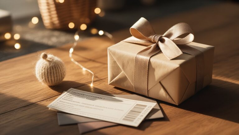Realistiška scena: puikiai suvyniota dovanų dėžutė, bilietas į renginį ir mažas, prasmingas rankų darbo daiktas, išsimaudytas šiltai, kviečiančiai šviesai.