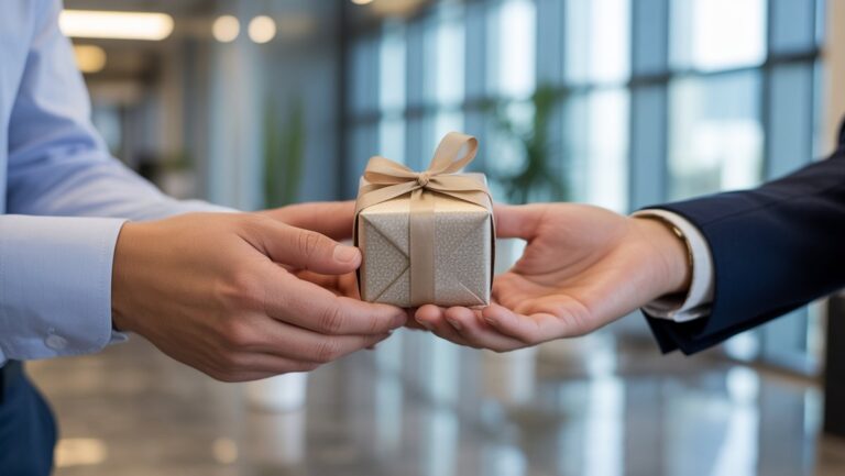 Realus dviejų profesionalių rankų iš arti, viena švelniai siūlanti mažą, skoningai apvyniotą padėkos dovaną kitai, pastatyta į modernią, subtiliai neryškią biuro aplinką, simbolizuojančią dėkingumą ir ryšį.