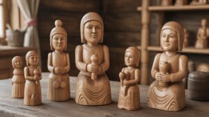 Realistiškas išsamus autentiškų lietuvių rankomis raižytų medinių figūrų ir daiktų iš arti, meniškai išdėstytos ant kaimiško stalo, pabrėžiant tradicinį meistriškumą.