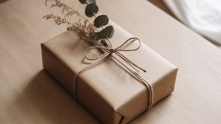 Realistiška, minimalistinė dovana, suvyniota į „Kraft“ popierių, surištą su natūraliomis virvelėmis ir džiovintu eukaliptu, ant švarios medinio paviršiaus, minkštoje natūralioje šviesoje.