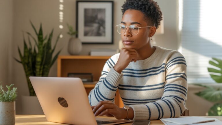 Žmogus, turintis apgalvotą, įkvėptą išraišką, įsitraukdamas į nešiojamąjį kompiuterį saulėje, modernioje namų biure, simbolizuodamas žinias ir būsimus pasiekimus.