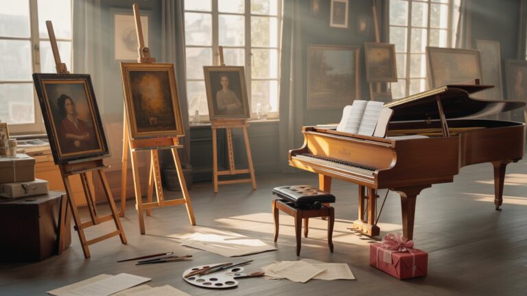 Meninė „Atelier“ darbo vieta su vintažiniu fortepijonu, aliejiniai paveikslai ant molbertų, išsibarsčiusios natos, dažų šepetėliai ir apvyniotos dovanų dėžutės, šiltas auksinis valandos apšvietimas, transliuojamas per aukštus langus, fotorealistinius.