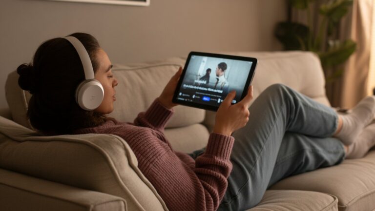 Realistiška nuotrauka, kurioje atsipalaiduoja šiuolaikiška sofa, mėgaujasi transliuojančia muzika su ausinėmis ir filmą planšetiniame kompiuteryje, įkūnijant skaitmeninės dovanų patirtį.