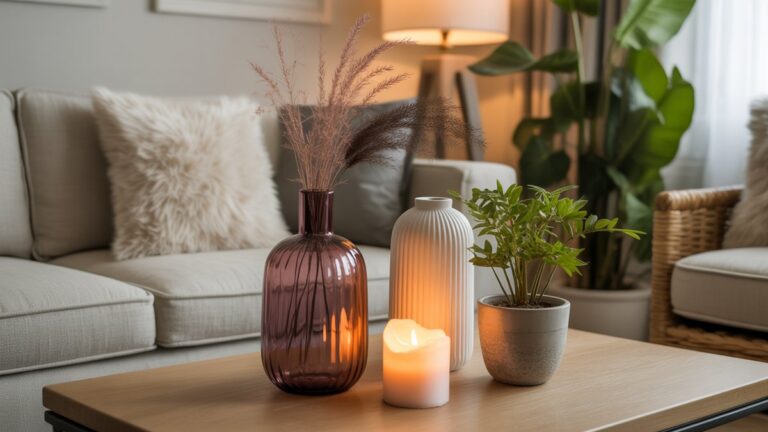 Jaukus gyvenamojo kambario interjeras su apgalvotai išdėstytomis dekoratyvinėmis dovanomis - elegantiškomis vazomis, minkštos metimo pagalvės, kvapnios žvakės ir vazoniniai augalai, sukuriantys harmoningą namų atmosferą, šiltą natūralų apšvietimą, fotorealistinį gyvenimo būdo fotografiją.