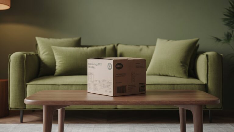 Realistiška nuotrauka: neatidaryta, bendra virtuvės prietaisų dėžutė nedrąsiai sėdi ant minimalistinio modernaus kavos stalo. Švelnus, silpnas apšvietimas pabrėžia nepageidaujamą buvimą.