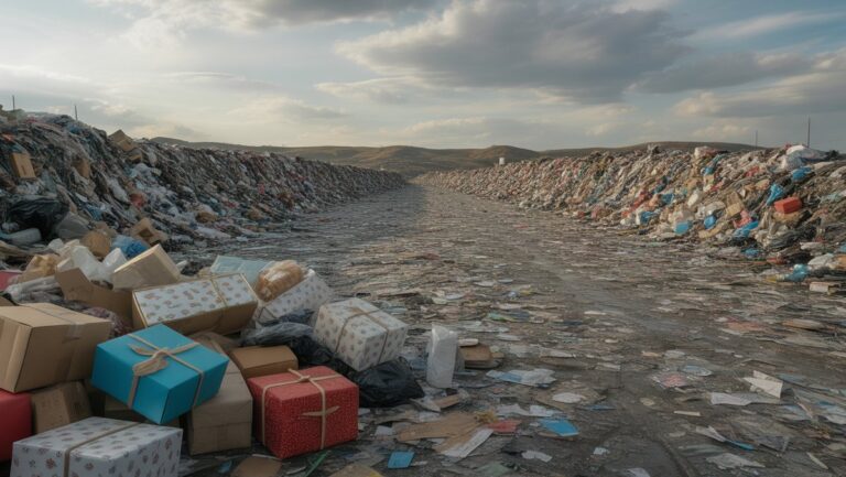 Realistiška stulbinančio, perpildyto sąvartyno nuotrauka, sudedama aukštai su išmestomis spalvingomis dovanų dėžutėmis ir vartotojų atliekomis po niūriu, užterštu dangumi.