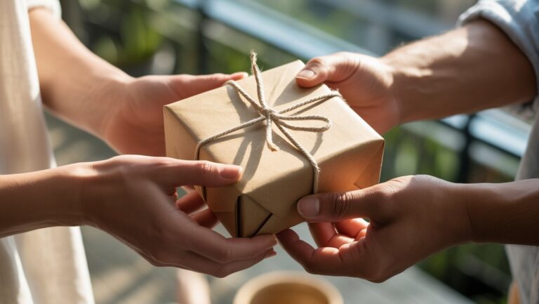 Realistiška rankų, apgalvotai keičiančių tvarią, neišpakuotą nulinių atliekų dovaną, nuotrauka, išsimaudoma minkštu, natūraliais saulės spinduliais, perteikiant atsakingą vartojimą.