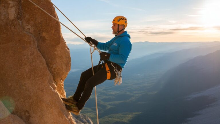 Vidutinio amžiaus tėvas nusuko dramatišką uolos veidą su apsaugine įranga, netoliese nuotykių instruktorius, „Auksinės valandos“ apšvietimas, didžiulis kalnų kraštovaizdis žemiau, fotorealistinė veiksmo fotografija su dinamine kompozicija.