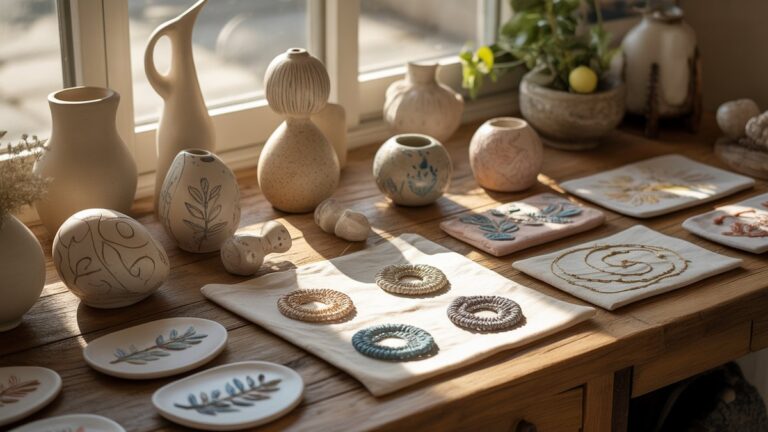 Kviečiantis, saulės apšviestas įvairių, išskirtinių rankų darbo dovanų - keramikos meno, individualių papuošalų, siuvinėtų tekstilės gaminių - dailiai išdėstytų ant kaimiško medinio paviršiaus, šiltos švelnios šviesos, hiperrealistiškos.