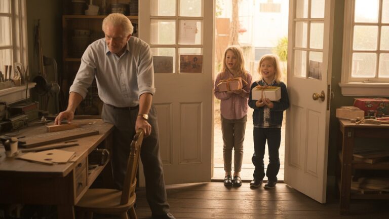 Išskirtinis tėvas dirbtuvėse, dirbančiose mediniu projektu, o nustebinti vaikai žvilgčioja pro duris, laikančias rankų darbo dovanas, auksinę popietę, transliuojant per langus, fotorealistinė scena su šilta nostalgiška atmosfera.